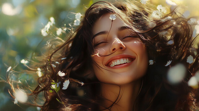 Joyful happy young caucasian woman with wavy hair in a flower-filled garden among the floating petals