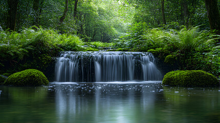 Photography of a hidden waterfall deep within the forest, cascading over moss-covered rocks, surrounded by ferns and thick greenery.