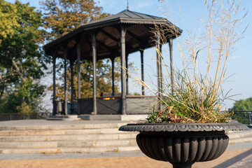 Upper terrace of Saint Volodymyr Hill Park in Kyiv, Ukraine. Bronze gazebo and flower pots are details of the beautiful park in the greenest capital in Europe. 