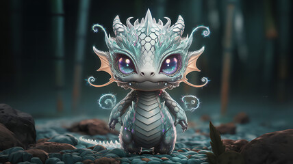 Fototapeta premium A 1.6 cm tall microscopic Spectral Dragon Bamboo Fusion Runway Model, showcasing a unique blend of quantum mythical transformation mechanism.