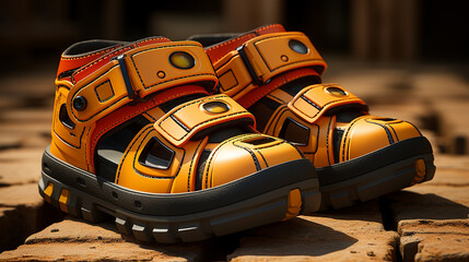 Rugged Orange and Black Sandals on Brick Surface - Versatile Footwear Stock Photo