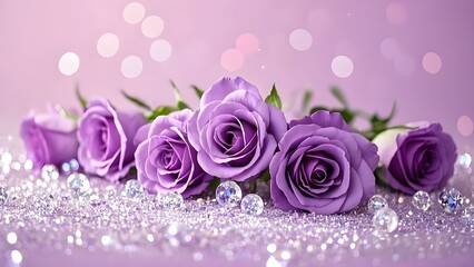 This background features a lovely arrangement of purple roses on a bed of glitter, ideal for romantic cards or wedding invitations.
