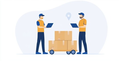 Two men collaborating on delivery logistics with packages and tablets.