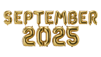 Golden Balloon 3D Text September 2025, September 2025 Golden Balloon Art Isolated on Transparent Background