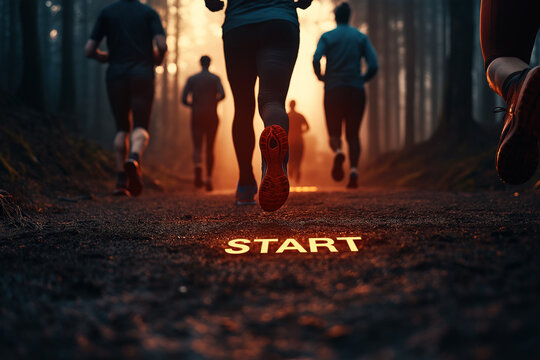 Läufer starten ein Wettkampfrennen im Wald mit 'START'-Markierung


