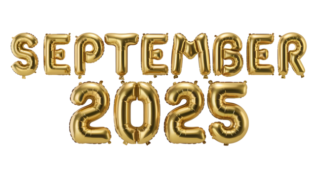 Golden Balloon 3D Text September 2025, September 2025 Golden Balloon Art Isolated on Transparent Background