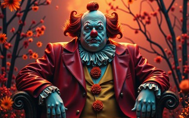 Obraz premium Creepy clown sitting in a red suit with orange flowers in the background
