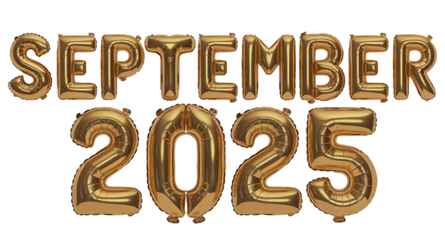 Golden Balloon 3D Text September 2025, September 2025 Golden Balloon Art Isolated on Transparent Background