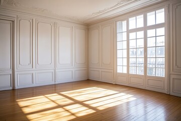 Obraz premium Sunlit Parisian Apartment Interior: Elegant Empty Room with Sunlight Streaming Through Large Windows