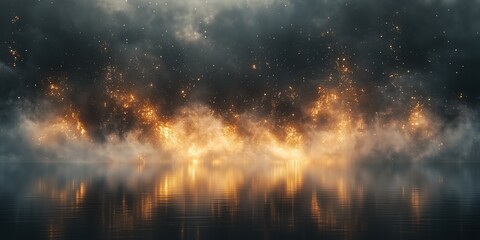 Naklejka premium Dramatic night scene with fiery reflections on calm water