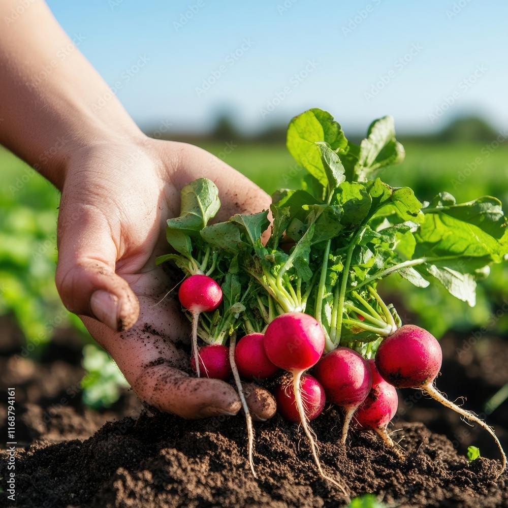 Wall mural Harvesting fresh radishes garden agricultural produce sunny day close-up organic gardening