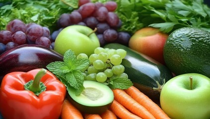 A Vibrant Display of Fresh Vegetables and Fruits Including Red Pepper, Green Apples, Avocados, Carrots, Grapes, and Mint Leaves Perfect for Healthy Lifestyle Promotion