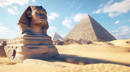 Explore the Majestic Sphinx Alongside the Great Pyramids in the Giza Desert Under a Bright Blue Sky...