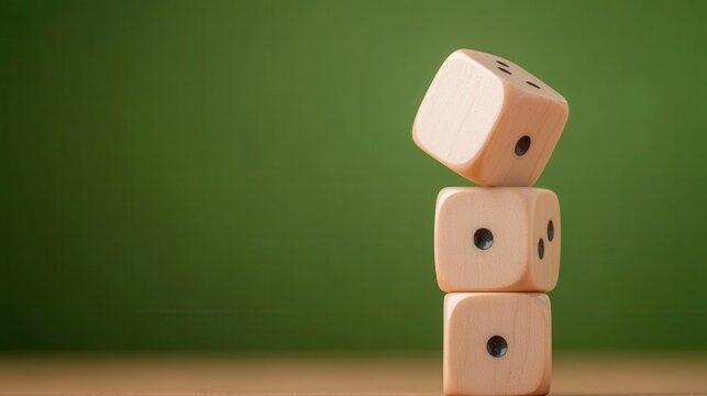 Three wooden dice stacked on top of each other on a green background