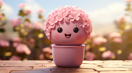 Cute Cartoon Flower Pot with Smiling Face &ndash; Kawaii Pink Floral Decor Illustration