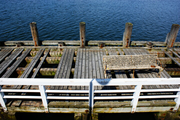 bench algae covered with algae, a bridge sunk in the water