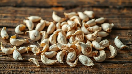 Aromatic pile of dried garlic cloves scattered on rustic wooden surface