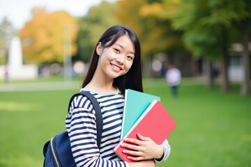 Fototapeta premium Happy Asian Student Holding Books in Park: Perfect for Education, Learning, and Back-to-School Themes