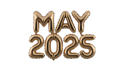 3D Golden Foil Balloon Text May 2025 Isolated on Transparent Background, Realistic Golden 3D Foil Text