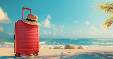 Red Suitcase with Sunglasses and Hat on Beach - Summer Vacation Concept