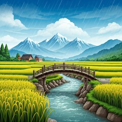 Wooden Bridge over a Flowing Stream