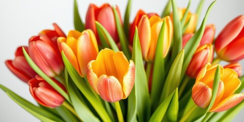 Fototapeta premium A vibrant bouquet of spring tulips, showcasing a mix of warm orange and reddish-orange blossoms, their petals delicately unfurling in a close-up view.