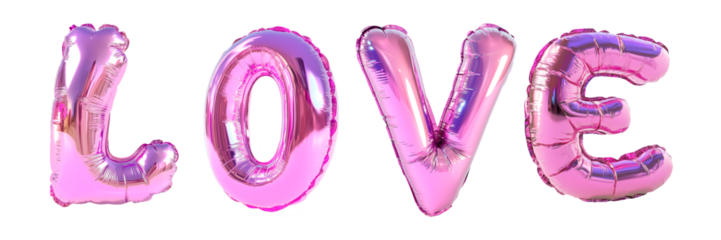 Pink metallic balloon letters spelling LOVE on transparent background for Valentine's Day, weddings, romantic events, party decor, and promotional campaigns