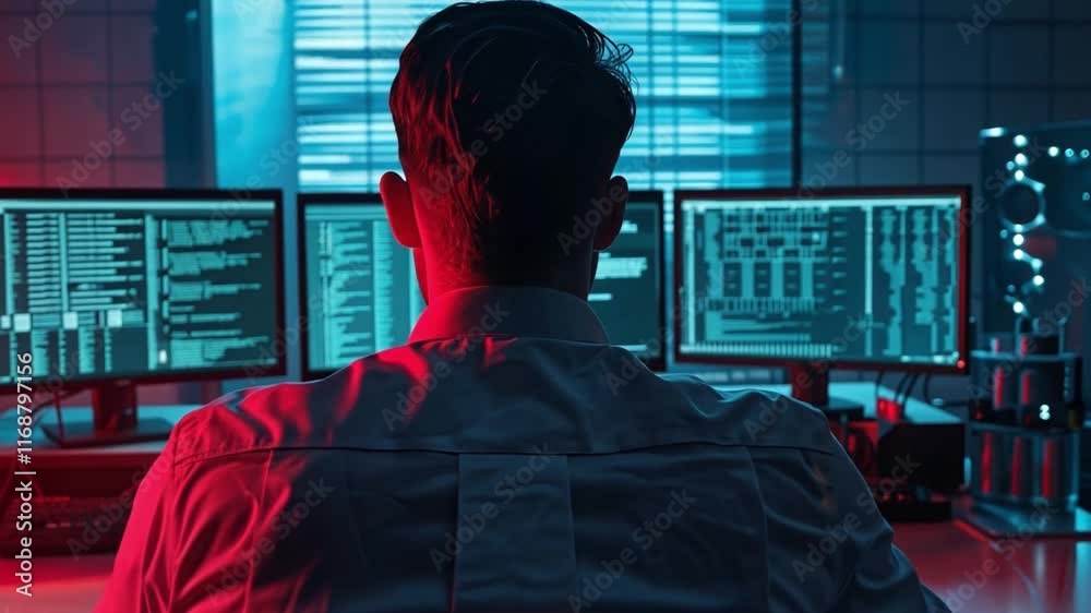 Poster In a low-lit environment, a dedicated programmer is focused on coding, seated before three illuminated computer monitors displaying complex data. A creative atmosphere enhances productivity.