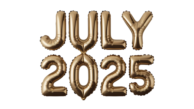 3D Golden Text July 2025 Isolated on Transparent Background,  July 2025 Golden Balloon Effect - Powered by Adobe