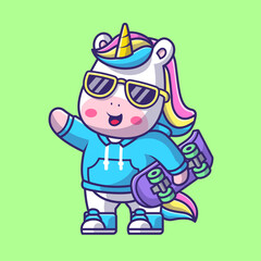Cute Cool Unicorn Holding Skateboard Cartoon Vector Icon 
Illustration. Animal Sport Icon Concept Isolated Premium 
Vector. Flat Cartoon Style 