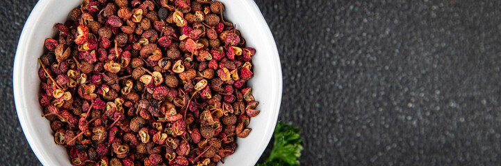 Sichuan pepper spice pepper peas fresh tasty food gourmet food background on the table rustic food top view copy space