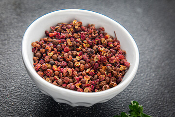 Sichuan pepper spice pepper peas fresh tasty food gourmet food background on the table rustic food top view copy space