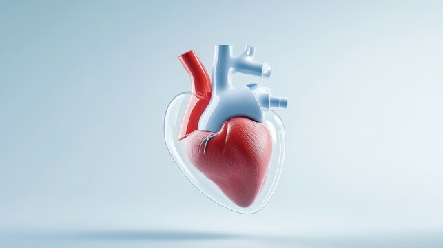 A heart is shown in a clear case, with the red color of the heart visible