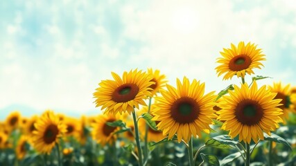 Fototapeta premium Vibrant Sunflowers Blooming in a Sunny Field Under a Light Blue Sky