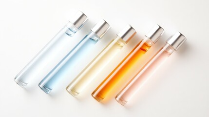 A row of five perfume bottles, each with a different color