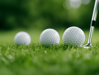 Close-up of golf clubs and a ball on a green grass