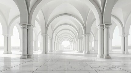 A long hallway with white marble columns and arches