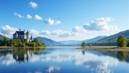 Obraz premium Chateau de val mirroring on lake in the mountains under cloudy sky