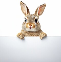 Obraz premium A cute brown rabbit peeks over a white surface against a plain white background, showcasing its curious expression.