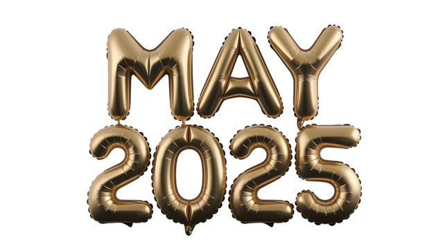 3D Golden Foil Balloon Text May 2025 Isolated on Transparent Background, Realistic Golden 3D Foil Text