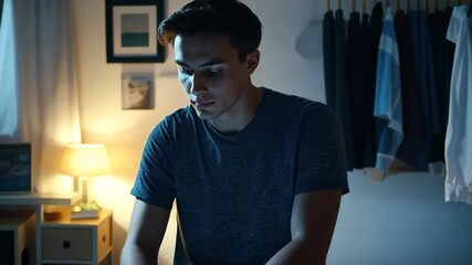 A man is sitting on a bed and folding a white towel