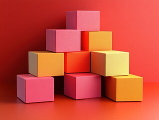 Colorful cubes stacked in pyramid shape against red background.