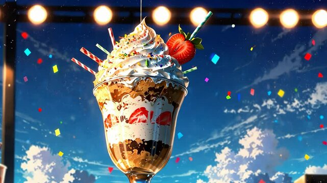Video footage of tall glass filled with layers of whipped cream, strawberries, chocolate, and ice cream, topped with a strawberry and colorful straws