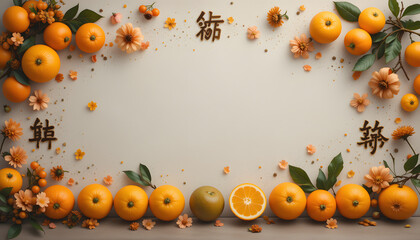 Vibrant arrangement of oranges and blossoms with decorative elements for festive celebrations
