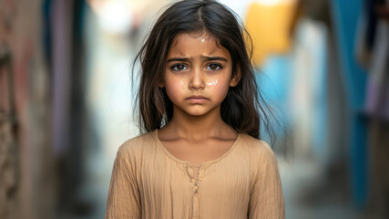 Sad Young Girl Standing in an Alleyway With a Somber Expression in a Minimalist Setting Conveying a Sense of Solitude and Emotion