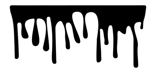 Dripping blood liquid, melt drips borders silhouette in black ink style. different dripping patterns for horror and spooky themes. Flowing liquid. Stencil drops. Chocolate drops. Oil drop