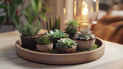 Tranquil Indoor Garden Oasis with Potted Succulents, Cacti, and Moss on Circular Wooden Tray in Soft Ambient Light on Light Wood Surface