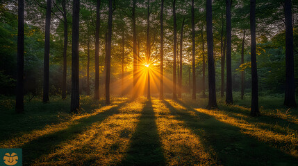 Fototapeta premium Photography of a serene forest during sunset, where long shadows stretch across the ground and the warm, golden hues of the sky filter through the trees.
