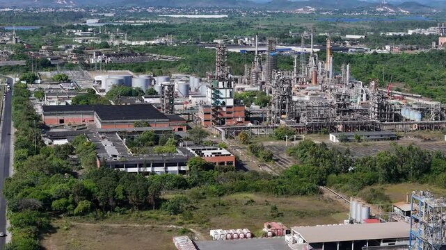 Camacari, Bahia, Brazil - December 26, 2024: Aerial view of a factory in the industrial hub of the city of Camacari.