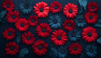 Red And Blue Daisies Floral Arrangement On Dark Background, Flat Lay With Copy Space For Design